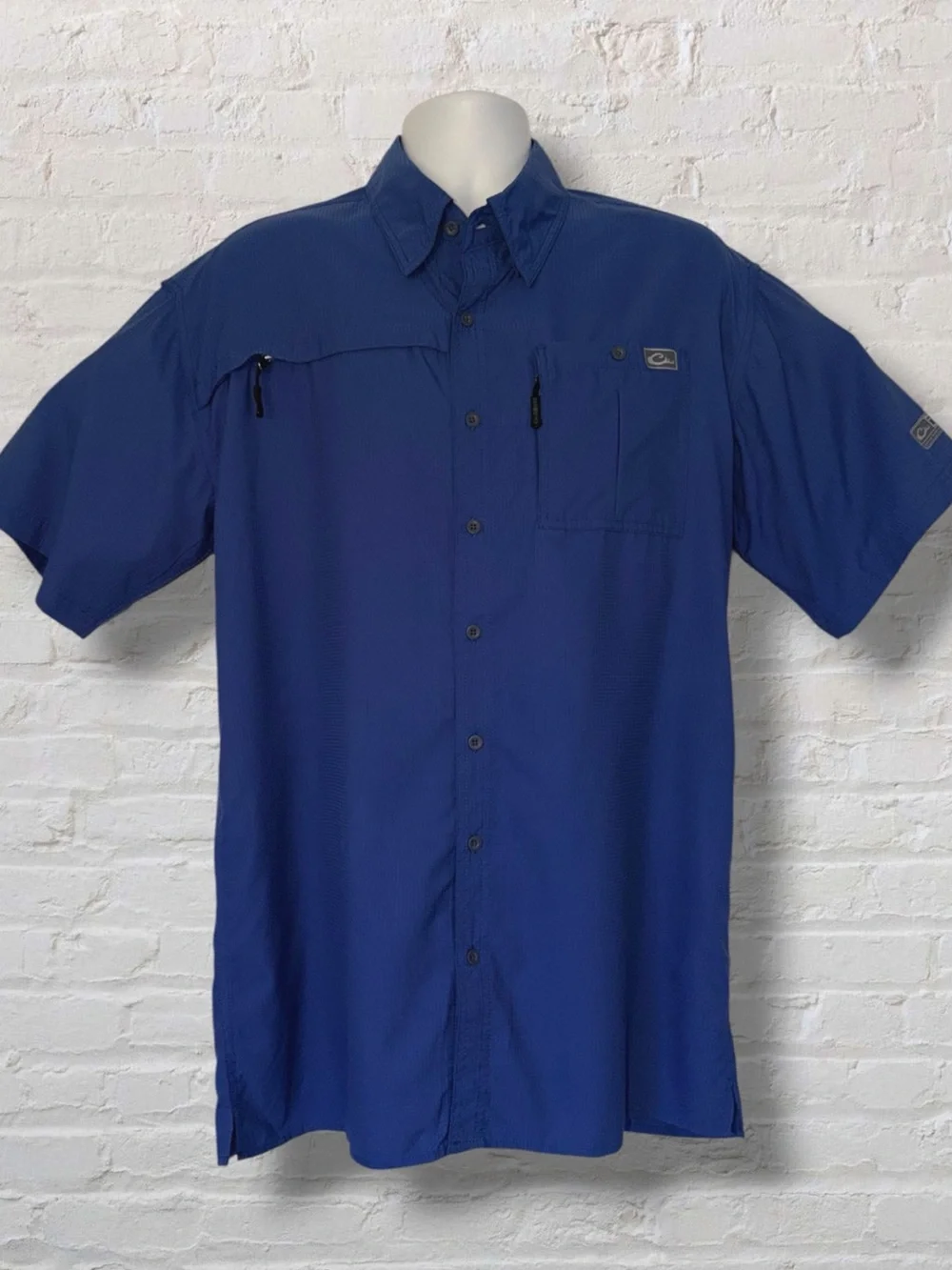 Drake Performance Fishing DPF Shirt Mens Med Blue Vented Short Sleeve Button Up - Picture 2 of 16
